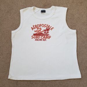 Vintage 90s Aeropostale Graphic Tank Top Big Wave Island Surf Camp White Siz XL